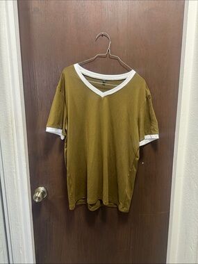 Men's Dark Olive Green V-Neck Tee with White Trim